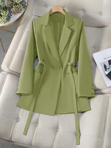 Áo blazer nữ màu nâu, thắt eo, hai hàng cúc, dáng suông, thích hợp mặc đi làm, chất liệu vải mềm mại, thanh lịch, phù hợp với phụ nữ từ 25-45 tuổi, mùa xuân. - Màu xanh chanh - Xem 4