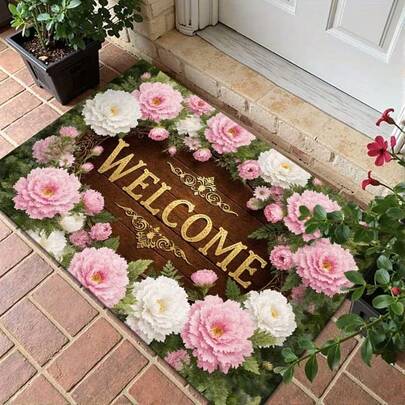1 Stück Willkommens-Fußmatte - Elegantes Blumenmuster, rosa und weiße Rosenstruktur mit braunem Hintergrund und goldenem Text - großer rechteckiger Eingangstürvorleger, strapazierfähig für Innen- und Außenbereich, maschinenwaschbar, modische Heimdekoration, geeignet für Innenarchitekten, Einweihungsgeschenk, 3D-Steinstruktur-Design, Landhausstil-Dekoration für Flur, Terrasse, Wohnzimmer - rechteckiger Türvorleger, kleiner Teppich, Willkommens-Fußmatte, Bodenbelag