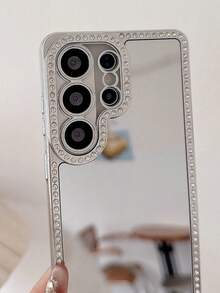 Minimalist Design Anti Fall Luxurious Rhinestone Makeup Mirror Phone Case Compatible With Samsung Galaxy S26 S25 S24 S23 Ultra Plus Shockproof Protective Back Cover - Silver - View 6