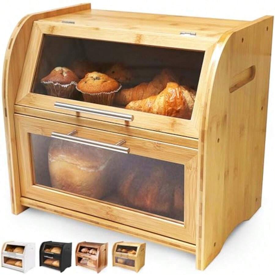 Arise - Caja de pan de bambú para encimera de cocina 2 estantes extra grande almacenamiento de pan de madera con ventanas transparentes y rejillas de ventilación de aire mantiene el pan bagels y rollos frescos. 15 7 x 10 4 x 14 4 cm montaje automático - Bambú natural - Ver 1