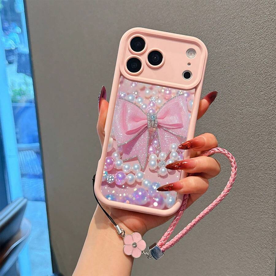 1pc Lucky Camellia Flower Lanyard + Pearl Bow Design TPU Pink Phone Case, Suitable As Birthday Or Christmas Gift For Couples, Daughters, Girlfriends, Teenage Girls - Pink - View 1