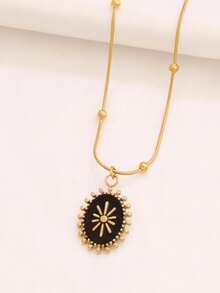 1pc Stainless Steel Enamel Sun Pendant Necklace, Women's Fashion Minimalist Pearl Chain Necklace - Necklace - View 8