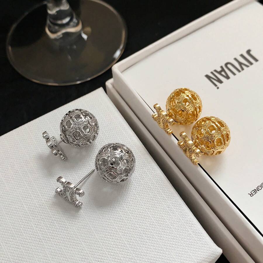 新款奢华镂空球形耳钉，小众优雅镀铜耳环，女士款 - 小圓球耳環 - 查看 1