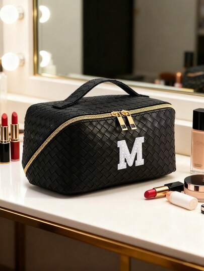 1个PU皮革化妆工具收纳包，字母图案，防水便携，AB水钻，仿珍珠字母拉链设计，新娘化妆包，化妆包，洗漱包，收纳袋，简约风格，可定制字母贴纸，旅行化妆包，女士浴室洗漱包（字母A~Z），送给妈妈的礼物，沙滩包，返校必备