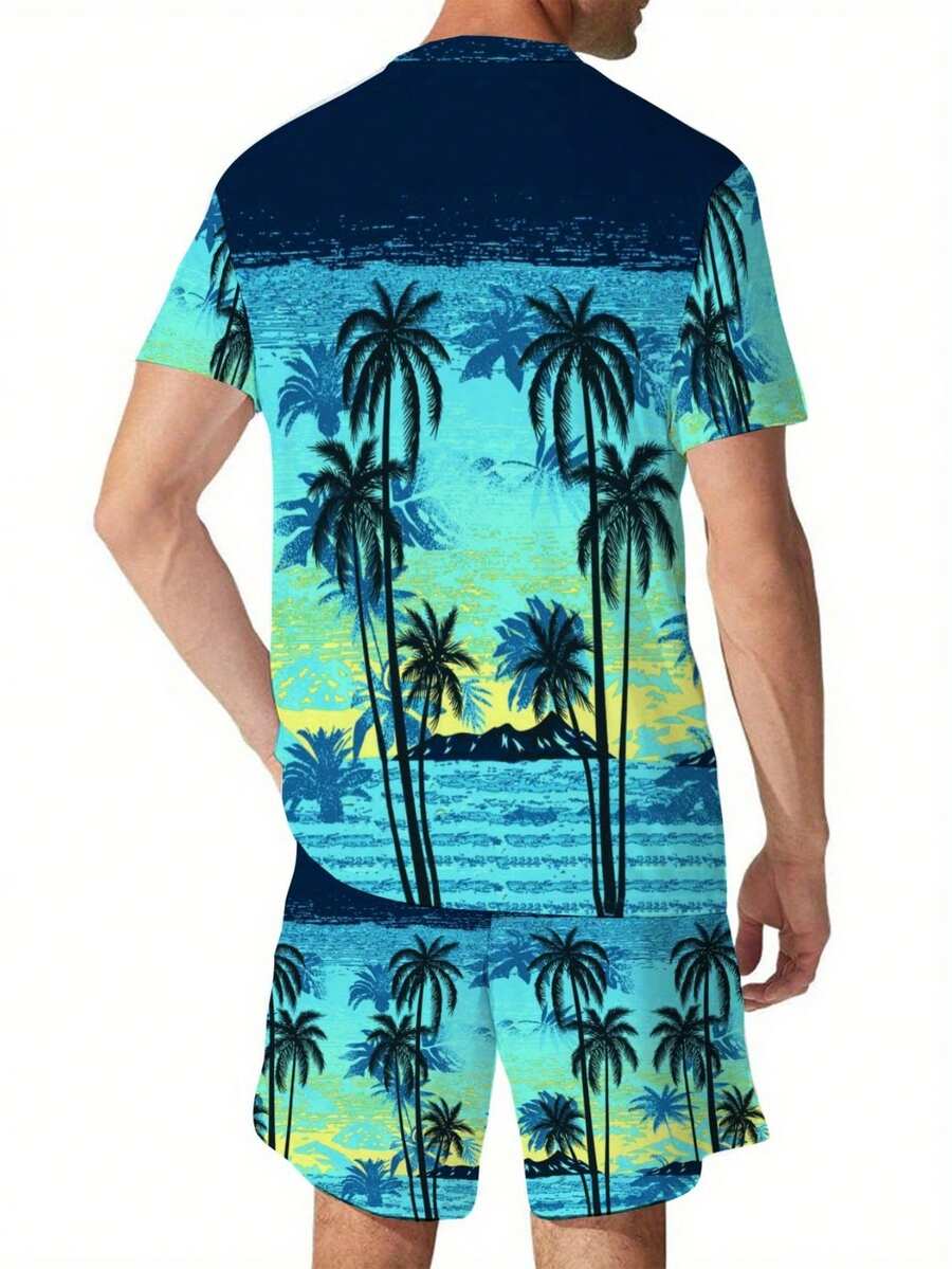 Ensemble de vacances hawaïennes 3D élégant pour hommes avec motif d'arbre de noix de coco, tenue décontractée en polyester imprimé, chemise à col rond à manches courtes et short, ensemble 2 pièces. - Couleurs mélangées - Voir 1