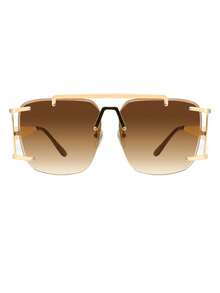 1pc Asymmetrical Polygon Frameless Metal Fashion Glasses With Double Bridge, Elegant Design For Women - Gold Frame Dark Brown Lenses - View 4