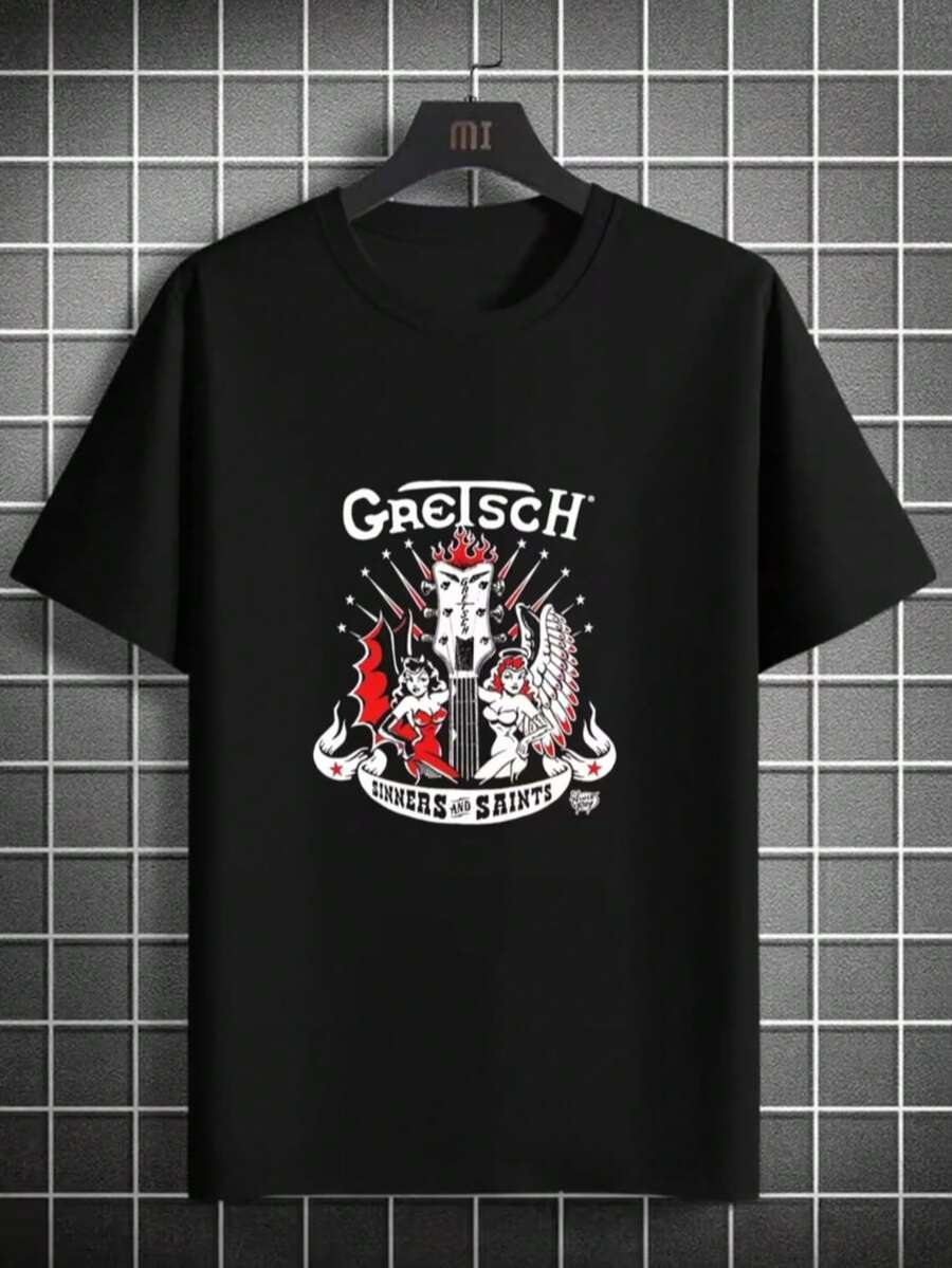 Sinners Saints Gretsch Guitar T-Shirt | Rock Out In Style - Crew Neck, Short Sleeve, Casual Fit, All-Season, Digital Heat Transfer Print, Perfect For Daily & Casual Wear - màu đen - Xem 1