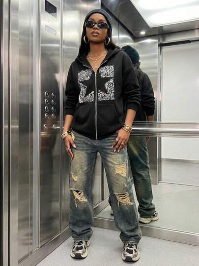 Oversized Long Zip-Up Hoodie, Front Panel Design, White Pentagram Print, Suitable For Autumn/Winter, Can Be Worn For Vacation, School, Home, Daily, Street, Photo Shoot, Styles: Minimalist, Y2K, Casual, College, Street, Office, Cute, Sexy, Suitable For Autumn, Winter, Christmas, New Year, Can Also Be Worn As Outerwear, Cosplay Outfit, Fashion Versatile