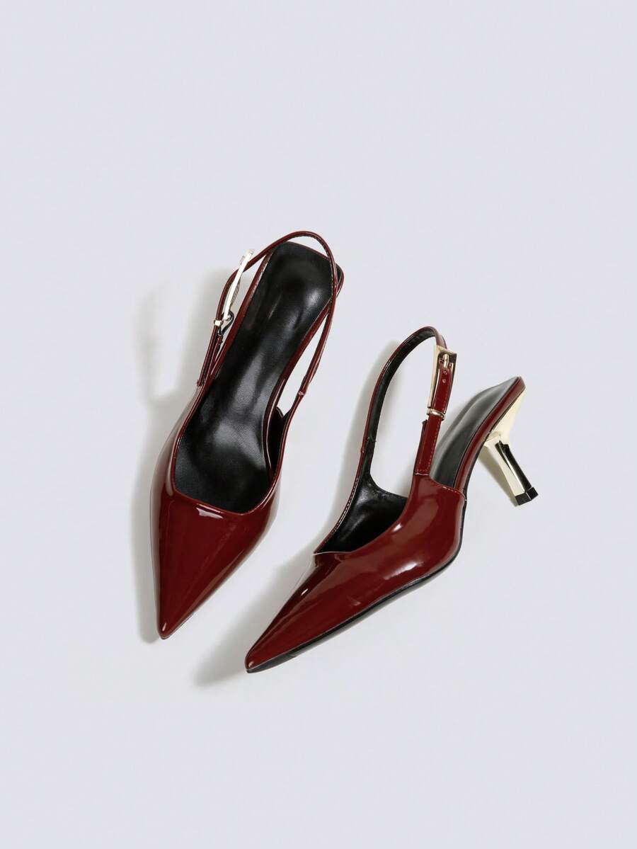 Women's Burgundy Patent Leather High Heel Sandals, Open Toe Party High Heels, Wedding Pumps, Kitten Heel Formal Shoes, Backless Ankle Strap Pointed Toe Slingback High Heels - Burgundy - View 1