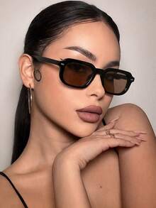 A Pair Of Women's Black Square PC Frame Glasses, Minimalist Style, Solid Color, Retro Street Fashion. - Multicolor - View 6