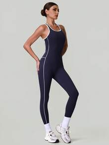 女士撞色包边无袖交叉露背修身运动健身瑜伽连体裤 - 霧霾藍 - 查看 8