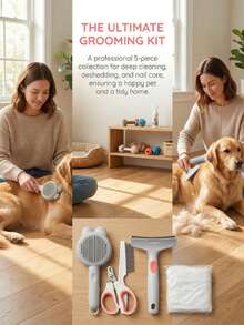 5-Piece Professional Pet Grooming Kit With Self-Cleaning Slicker Brush, Ergonomic Nail Clippers & Safety Scissors, All-In-One Home Grooming Set For Small To Large Dogs And Cats - View 6
