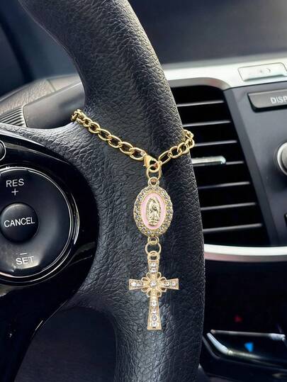 方向盘念珠挂饰，粉色圣母玛利亚十字架方向盘饰品，天主教念珠吊坠，汽车饰品，十字架钥匙扣，可调节链条，时尚饰品，男女通用汽车内饰饰品，适用于汽车装饰、包包挂饰、行李箱挂饰、耳机挂饰，独特的基督教礼物 - 圣诞节、感恩节、新年礼物、生日礼物，送给司机家人、朋友、爱人
