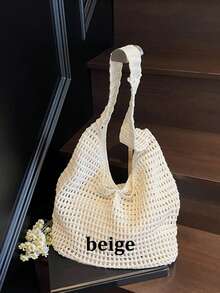 复古手工编织单肩包 时尚女士镂空编织手提包 大容量纯色钩针编织托特包 夏季网眼沙滩包 休闲大容量编织包 女士单肩包 休闲编织女士手工沙滩托特包 斜挎包 - 彩色 - 查看 3