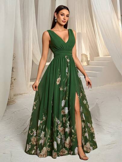 Vår V-ringad ärmlös chiffongblommig A-linjeformad brudtärneklänning, elegant balklänning, bröllopsgästklänning, lämplig för bröllop, examen, galor och andra tillfällen