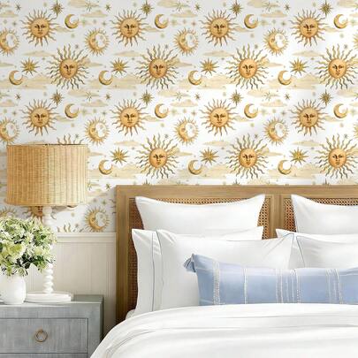 1卷自粘可移除壁纸，PVC防水材质，无缝图案，波西米亚风格，复古日月金图案装饰壁纸，家具翻新装饰纸，客厅及家居装饰配件，适用于家具橱柜翻新、室内墙面装饰，卷尺寸44厘米*3/5/10米