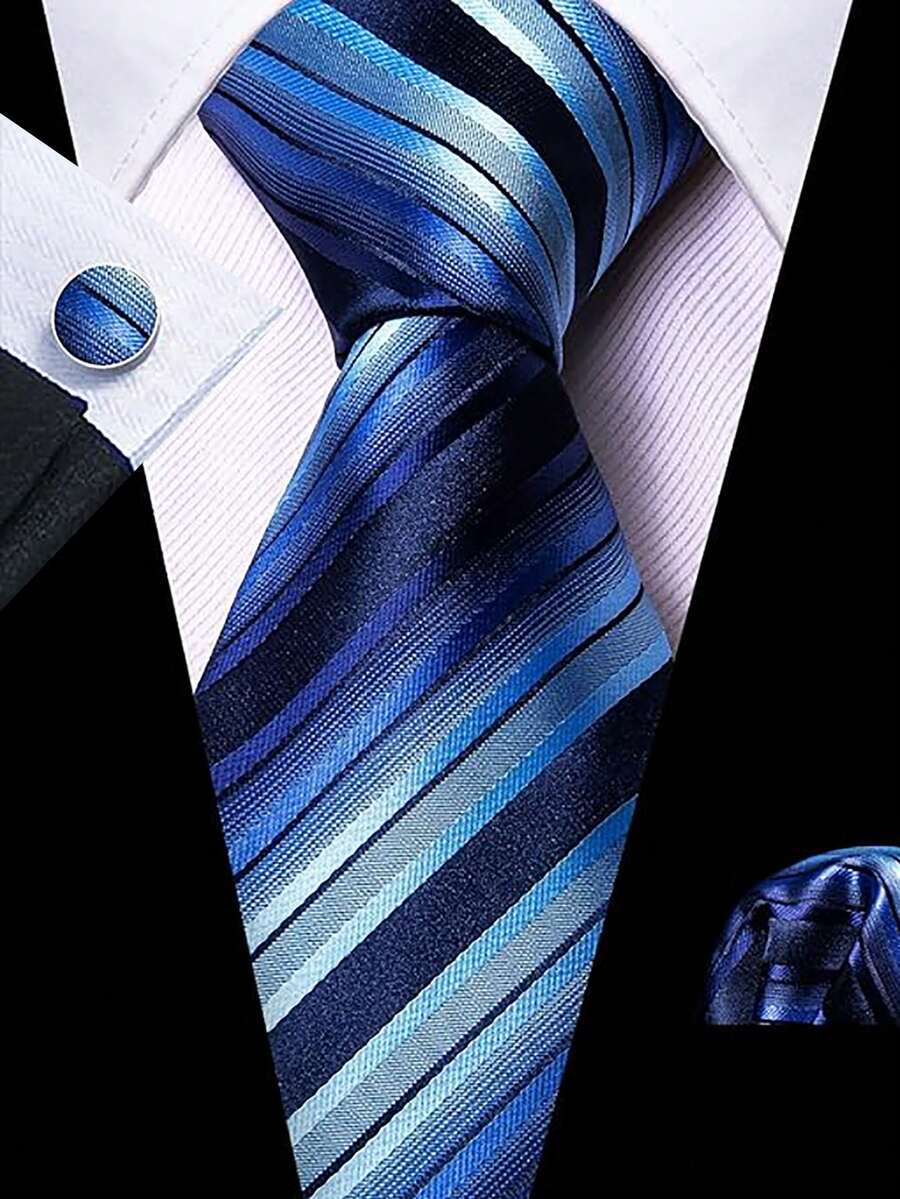 Juego de corbatas para hombres, conjunto clásico de moda con corbata y gemelos para negocios y fiestas - Azul - Ver 1