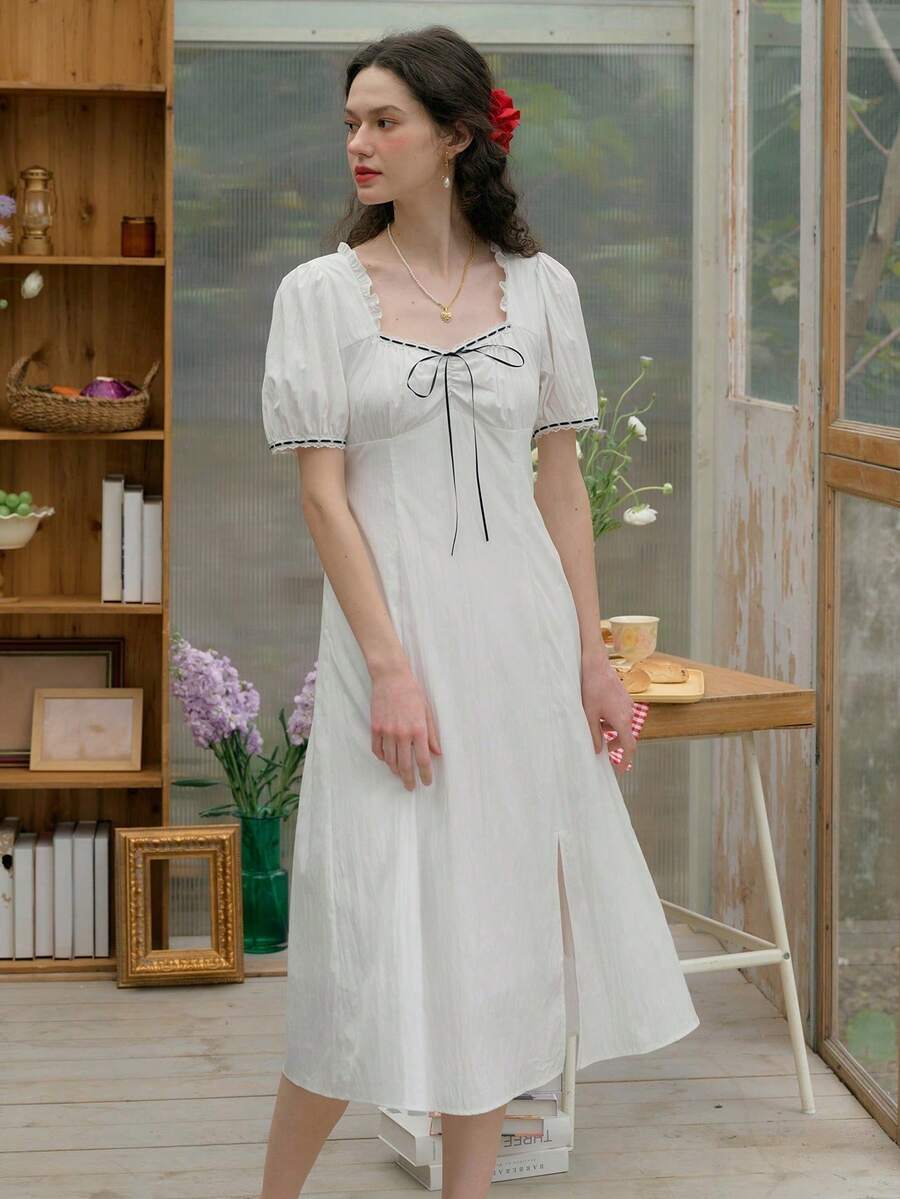 女士系带蝴蝶结撞色方领连衣裙 - 白色 - 查看 1