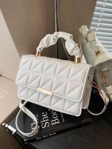 纯色PU皮革拼接蝴蝶结设计翻盖方形斜挎包，适合女性日常通勤、购物、旅行、聚会、闺蜜之夜、节日庆典、生日礼物及派对等场合。 - 白色 - 查看 7