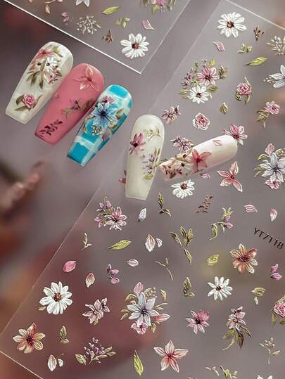 1 pieza Pegatina de uñas con flor seca vintage 3D, decoración de uñas autoadhesiva con patrón de margarita en relieve 5D, decoración de uñas DIY para mujeres, primavera/verano