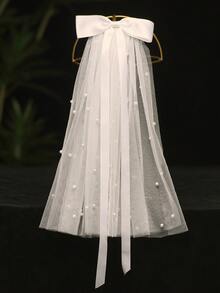 1pc Fashionable Minimalist Pearl Bow Headband, Handmade Pearl Bridal Veil - Multicolor - Beige - View 5