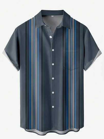 Men's Plus Size Casual Vacation Outdoor Fashion Artistic Striped 3D Digital Print Chest Pocket Turndown Collar Leisure Shirt