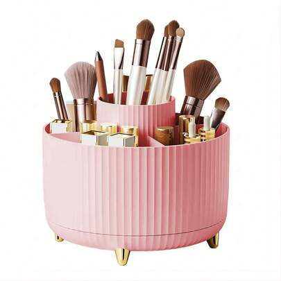 360° Rotating Makeup Brush Holder, 5-Slot Makeup Brush Cup, Suitable For Cosmetics, Nail Polish, Art Supplies, Bathroom Vanity Desk Organizer - Pink