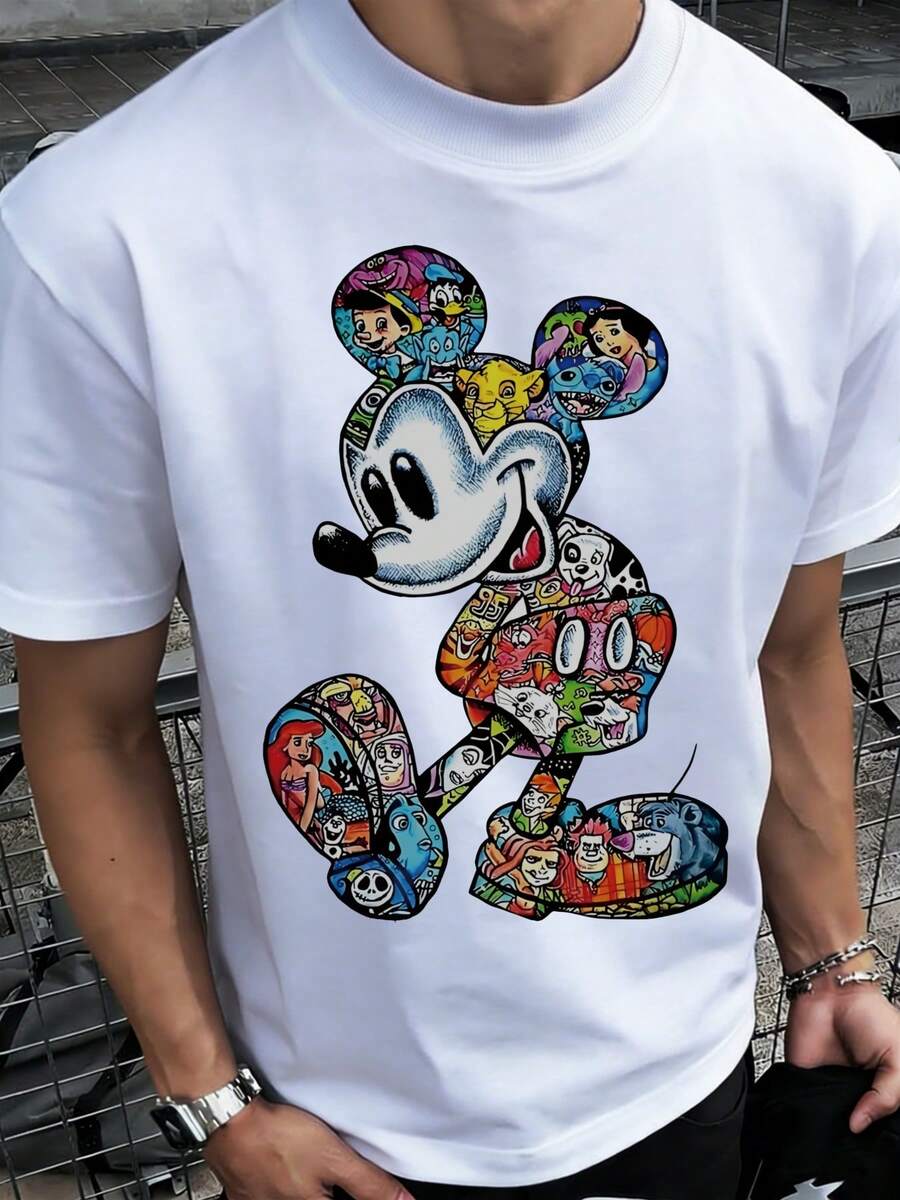 Disney 1 Piece Of Stylish Round-Neck Men's T-Shirt, Made Of 100% Pure Cotton, Soft And Comfortable, Suitable For Daily Wear, Vacation Leisure, Outdoor Adventures, Campus Life, And Shopping Trips. It Is An Essential Summer Staple And An Excellent Gift Choice. - 白色 - 查看 1