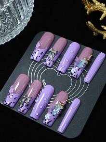 CrystalHola Handmade Coffin-Shaped Nails, Y2K Style Nails, Spring/Summer, Purple & Black Color With Rhinestones, Bows, Butterflies, Leopard Print, French Tips, Pure Handmade Nails. Suitable For Women And Girls. 10 Pieces/Set, 3 Sizes. Fits Parties, Weddings, And Daily Wear. Includes Tools. Great Gift For Ladies' Nail Supplies. - Multicolor - View 1