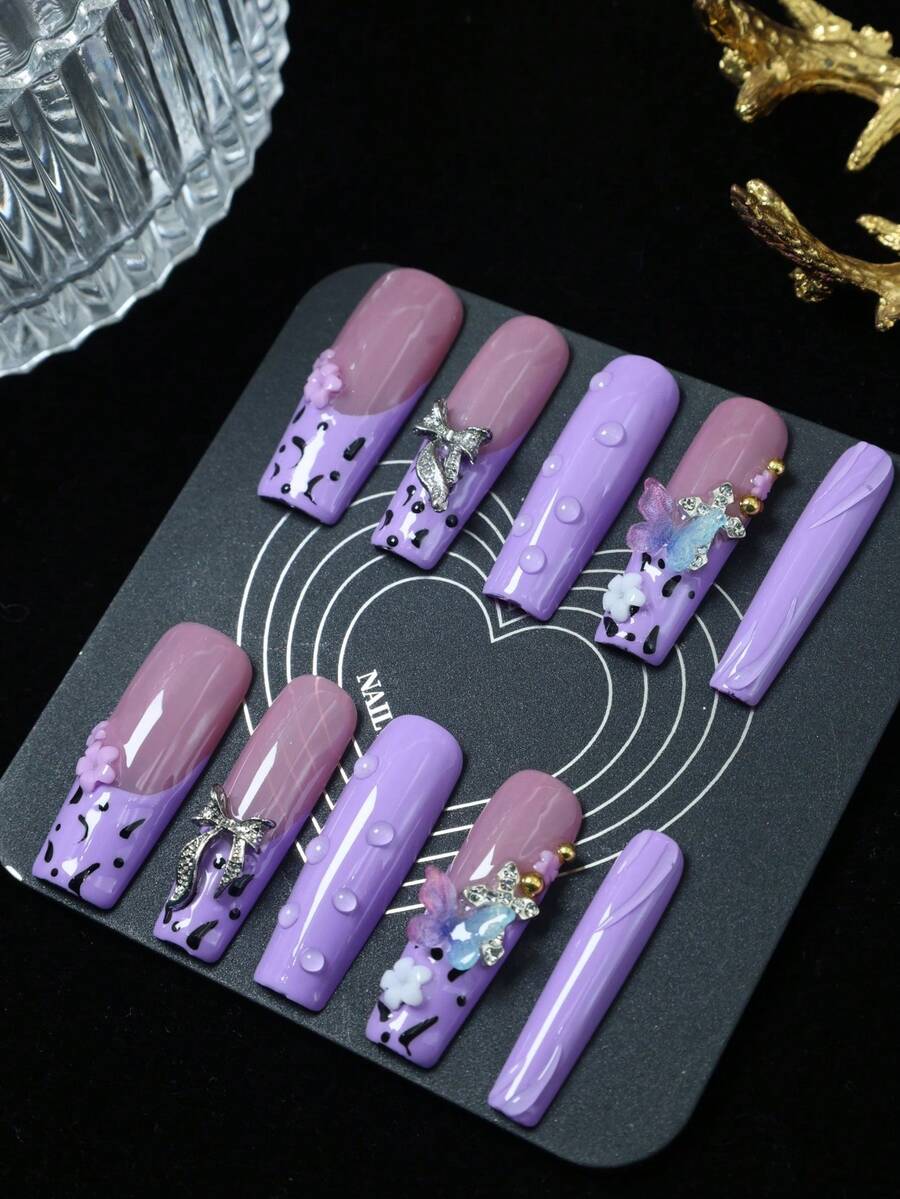 CrystalHola Handmade Coffin-Shaped Nails, Y2K Style Nails, Spring/Summer, Purple & Black Color With Rhinestones, Bows, Butterflies, Leopard Print, French Tips, Pure Handmade Nails. Suitable For Women And Girls. 10 Pieces/Set, 3 Sizes. Fits Parties, Weddings, And Daily Wear. Includes Tools. Great Gift For Ladies' Nail Supplies. - Multicolor - View 1