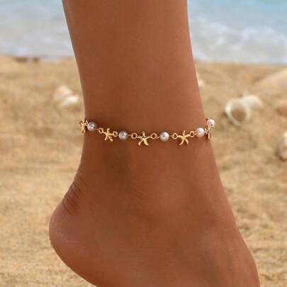 1pc Creative Starfish & Pearl Anklet, Fashionable Summer Sweet Versatile Foot Jewelry