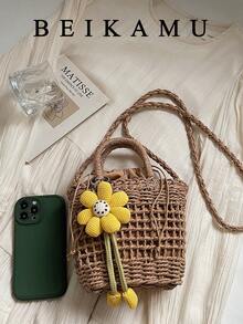 BEIKAMU New Khaki Woven Mesh Bag, Floral Decor Drawstring Tote Basket Bag, Handheld & Crossbody Versatile Beach Bag For Women - Khaki - View 8