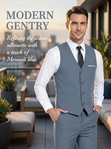 Men's Two-Piece Light Blue Suit Set, Including Vest And Trousers, Professional Business Attire, Slim-Fit Formal Wear, Suitable For Occasions Such As Weddings. - Dusty Blue - View 8