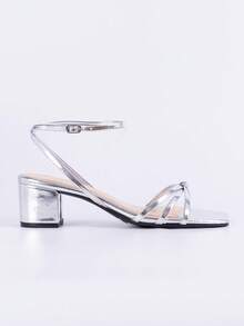Sandal cao gót hở mũi kiểu tối giản dành cho nữ, sandal La Mã mũi vuông gót thấp đa năng thời trang mùa hè mới cho kỳ nghỉ - Bạc - Xem 3