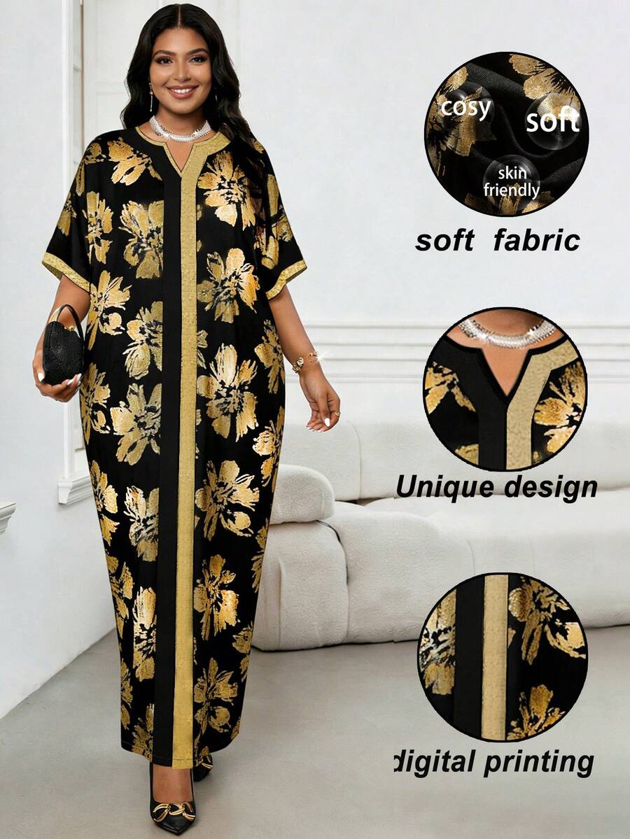 大码女式春夏渐变黑金数码印花连衣裙，适合各种场合，如节日、毕业典礼、返校派对、约会度假等，尽显优雅气质。 - 彩色 - 查看 1