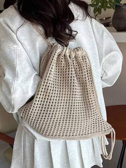 2026 Spring/Summer Hollow Out Stylish Net Tote Bag, Large Capacity Woven Drawstring Backpack, Casual Minimalist Straw Bag For Women
