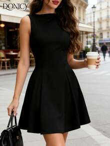 DONICY Vestido de fiesta de mujer con cuello cuadrado, tirantes cruzados y bajo acampanado - Negro - Ver 5
