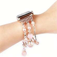 兼容苹果手表表带 38/40/41/42/44/45/46/49mm 女款 表带 Series 11/10/Ultra/9/8/7/6/5/4/SE/3/2/1，时尚手工弹力玛瑙珍珠手链替换表带，女士腕带 - 粉色 - 查看 4