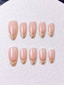 10片手工制作的按压式美甲贴片，短款美甲，假指甲，法式美甲贴片，杏仁形美甲，裸粉色美甲，金色闪粉美甲，变色龙闪粉美甲，优雅别致美甲，新年美甲，情人节美甲，裸粉色渐变，金色闪粉法式美甲贴片装饰，包含美甲工具，快速佩戴和卸除，适合女性和女孩的杏仁形美甲贴片 - 金色 - 查看 4