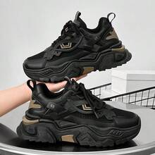 多功能厚底男士滑板鞋运动鞋，透气网面鞋面，PU/橡胶鞋底，系带休闲运动鞋，蓝色装饰，非常适合休闲穿着，百搭鞋履配件 - 黑色 - 查看 15