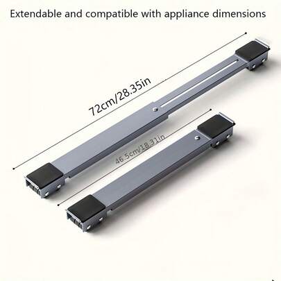新型洗衣机支架，配备扁平移动轮和可调节长度/高度的移动垫，适用于带轮子的冰箱、洗衣机和烘干机，可用作移动缓冲垫和升降底座。坚固耐用的黑色不锈钢双轮可调节洗衣机支架，长度范围为45.01至70.0厘米，配备防滑防锈脚垫，可承重200公斤/440磅。