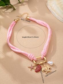 1 chiếc vòng cổ dây thừng màu hồng phong cách Boho Bohemian với mặt dây chuyền hình rùa và sao biển - Kiểu dáng vòng cổ choker bản to phong cách biển cả với khóa móc và mặt dây chuyền có thể tháo rời - Phụ kiện trang sức mùa hè cho nữ - Dây chuyền màu hồng - Xem 3