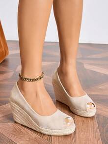 2026 Spring/Summer Women's Fashion New Comfortable Wedge Woven Thick Bottom Open Toe Sandals - Apricot - View 2