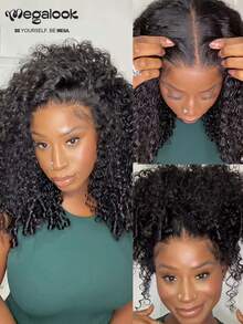 MEGALOOK 13x6 Lace Max Wig Deep Curly With Finger Coil Ends Three-Go™ Real Glueless Human Hair Wig Transparent Lace Frontal Pre Plucked Hairline Pre-Bleached Knots Jerry Curl Human Hair Wig With Drawstring 180% Density 18-30inch - Natural Black - View 3