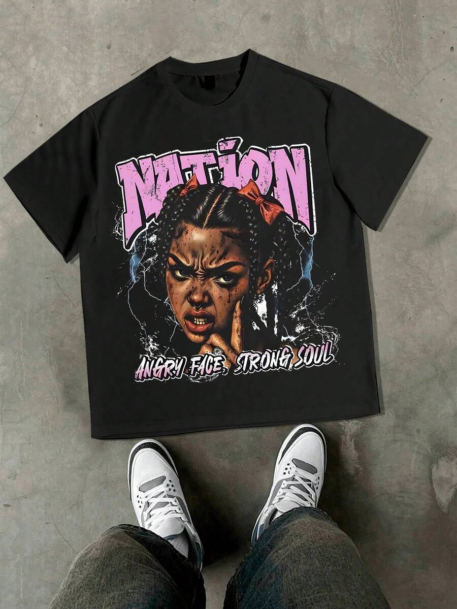 Gothic "NATION" Tee: Angry Face & Strong Soul Y2k Style Tee (220g Cotton T-Shirt) Printed T-Shirts, Unisex T-Shirts, Casual And Comfortable To Wear Men's Summer Round Neck Short Sleeve T-Shirts, Fashion Printed T-Shirts, Uni T-Shirts, Casual And Comfortable To Wear Vintage - Style Graphic T - Shirt - 黑色 - 查看 1