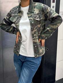 Women's Y2K Camouflage Long Sleeve Loose Denim Jacket - Army Green - View 1
