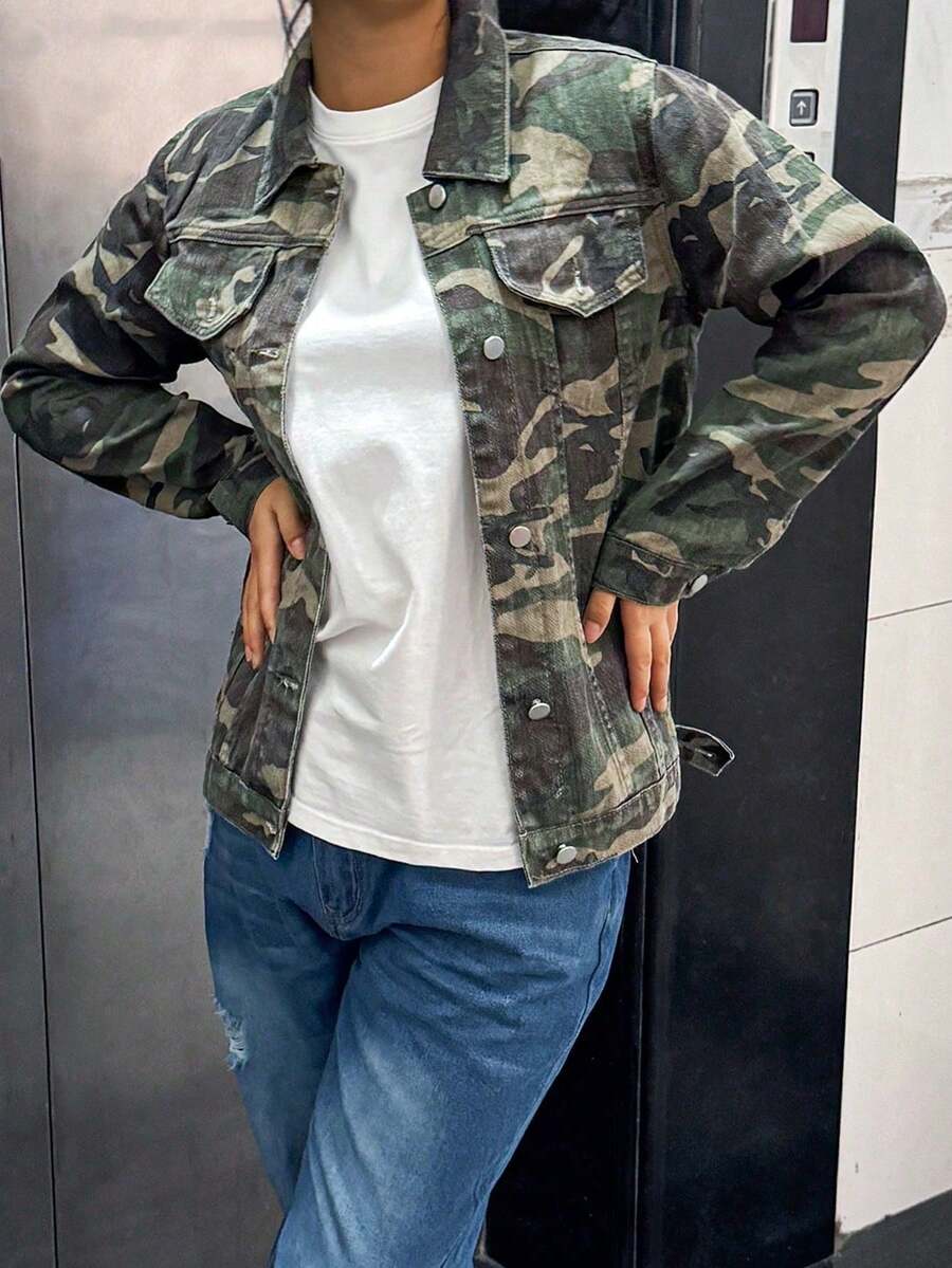 Women's Y2K Camouflage Long Sleeve Loose Denim Jacket - Army Green - View 1