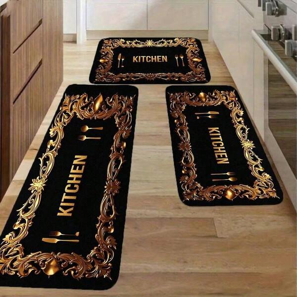 Alfombra de lujo para piso de cocina - Alfombra antideslizante para cocina, tapete de pie cómodo y resistente al agua y al aceite con elegante patrón floral dorado, perfecto para la cocina, lavandería, decoración del hogar, regalos para el hogar