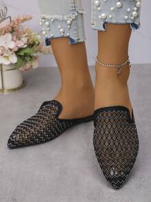 Mocasines planos con puntera puntiaguda de talla grande 35-45, estilo informal deslizante, suela suave y cómoda para trabajo, para mujer, primavera/verano/otoño - Cuadrícula en blanco y negro - Ver 2