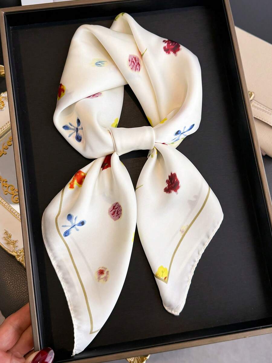 1pc Summer Floral Print Square Silk Scarf, Fashion Satin Silk Shawl, Beach Wrap, Headband, Wristband, Headpiece, Suitable For Vacation, Office, Travel, Decorative Accessory - FG327-1 White - View 1